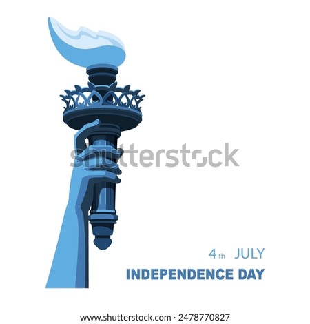 Hand with torch of Statue of Liberty, symbol of America, New York, banner, advertisement. Statue of Liberty. July 4, USA Independence Day. Blue design, presentations, holiday. Vector illustration