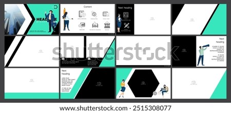 Presentation, Set. A team of people creates a business, teamwork. Business, launching a new financial project. powerpoint, infographic design template, green, black elements. Vector illustration