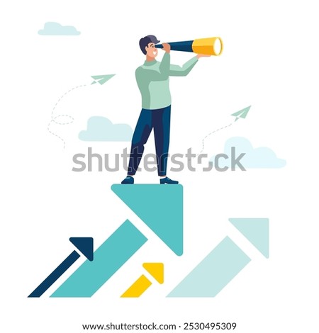 Man searching for path to success, looks through the spyglass. Exploring business horizons, setting goals, development. People standing on profit arrows, growth chart, new ideas. Vector illustration