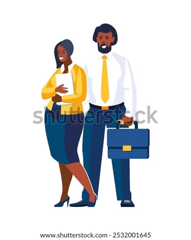 Business. Business people, ethnic employees, couple. African-American businesswoman and businessman with briefcase. Creative group business concept. Poster, flat style banner. Vector illustration