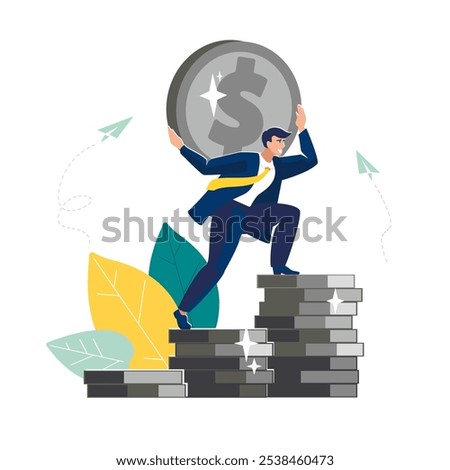 Business analysis. Businessman with a silver dollar coin climbs up the growth stacks of pennies. Investment, people. Presentation of finances. Money profit, career growth, success. Vector illustration