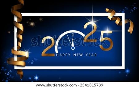 Happy new year 2025, design with golden numbers. White clock that counts down to five minutes past midnight. Blue background with white frame, gold ribbon. Elements for calendar, greeting cards