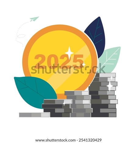 2025. Happy New Year. Golden penny with New Year's numbers 2025. Business finance, presentation. Profit, growth of silver coins. Investments in money management, income development.Vector illustration