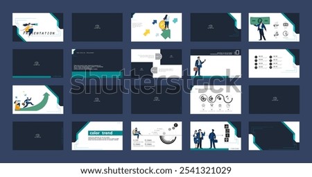 Business presentation, monetary and financial circulation, golden dollar coins. Set, powerpoint. Infographic design, green black elements. Team of people creates a business, photo. Vector illustration