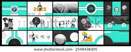 Business presentation, financial circulation, gold dollar coins. New Year 2025. Set, powerpoint. Infographic design, green black elements. Team of people creates a business, photo. Vector illustration