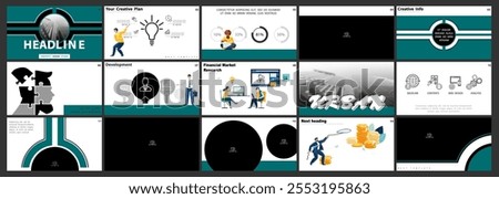 Business presentation, monetary and financial circulation, golden dollar coins. Set, powerpoint. Infographic design, green black elements. Team of people creates a business, photo. Vector illustration