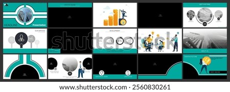 Business presentation, monetary and financial circulation, golden dollar coins. Set, powerpoint. Infographic design, green black elements. Team of people creates a business, photo. Vector illustration