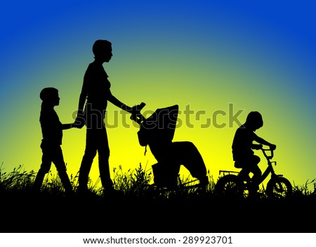 Mother with stroller and childrens walking at sunset.