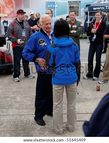 TULSA, OK - APRIL 24: Buzz Aldrin is interviewed at the Tulsa Air and Rocket Racing Show April 24, 2010 in Tulsa, OK.