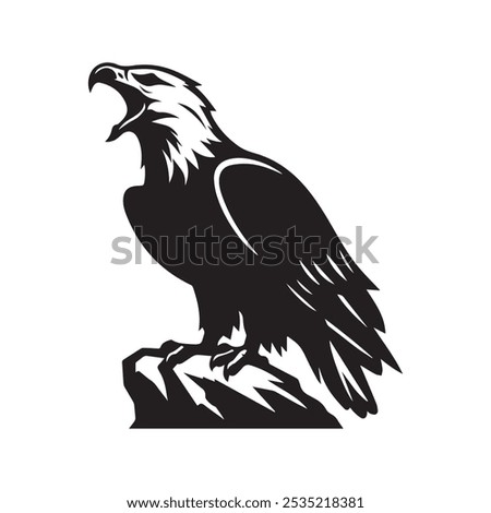 A powerful silhouette of a bald eagle perched on a rock its beak open as if calling out vector illustration