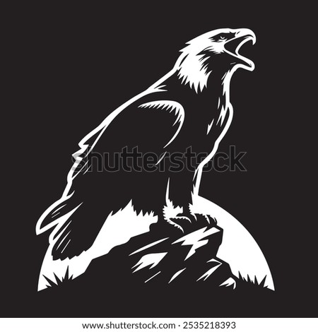 A powerful silhouette of a bald eagle perched on a rock its beak open as if calling out vector illustration