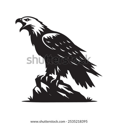 A powerful silhouette of a bald eagle perched on a rock its beak open as if calling out vector illustration