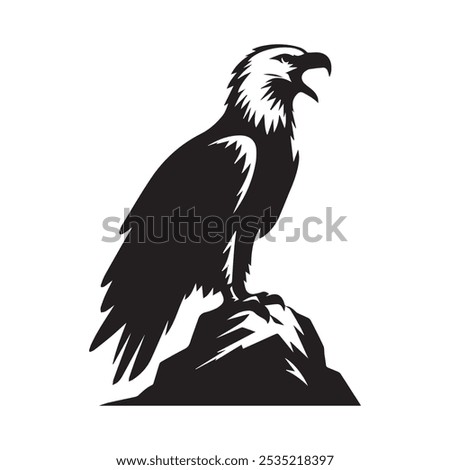 A powerful silhouette of a bald eagle perched on a rock its beak open as if calling out vector illustration