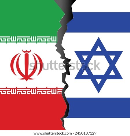 srael vs Iran concept flags on a wall with a crack. Iran and Israel political conflict, economy, war crisis, relationship, trade concept