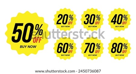 Different percent discount sticker yellow discount price tag set. buy now with sell off up to 20, 30, 40, 50, 60, 70, 80 percentage vector illustration isolated on white