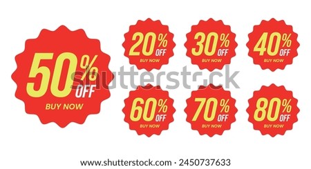 Different percent discount sticker discount price tag set. red shape promote buy now with sell off up to 20, 30, 40, 50, 60, 70, 80 percentage vector illustration isolated on white