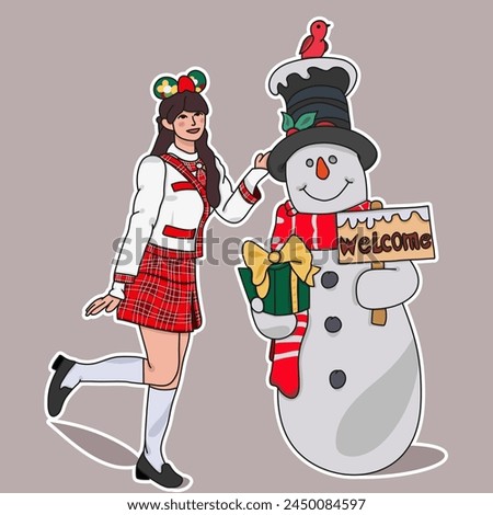 a girl pose with snowman in december