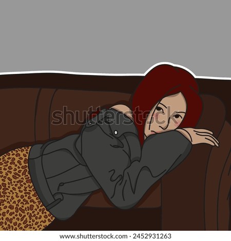 a girl lying in sofa with leather jacket