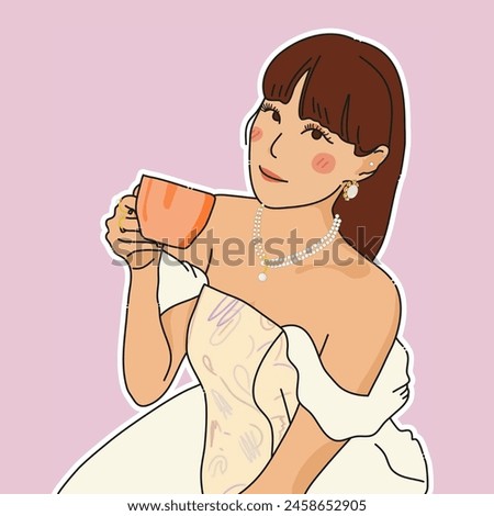 a girl wearing open shoulder dress is enjoying her tea time