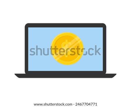 Golden dollar is on laptop screen vector illustration in flat style isolated on white background