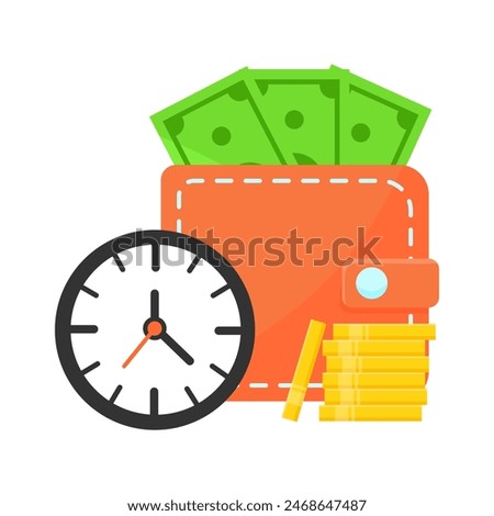 Orange wallet with green paper money, wall clock and coins flat vector illustration