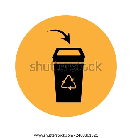 Silhouette of a wastebasket with an arrow on an orange background in the form of a circle. Throw trash icon. Throw to trash icon. Vector flat illustration for website and banner design