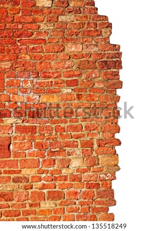 red and old brick wall with isolated side on white background