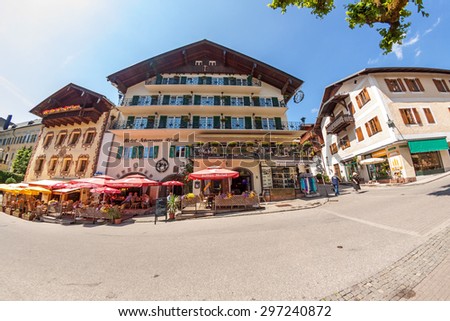 St. Wolfgang, Austria - June 23, 2014: Hotel Schwarzes Roessl at the famous lake Wolfgangsee. Popular travel destination within Austria.