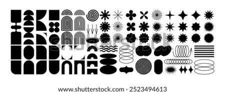 black Brutalist abstract geometric shapes and grids isolated on white background. Brutal contemporary figure star oval spiral flower and other primitive elements.