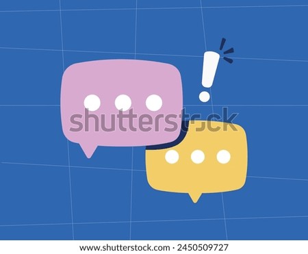 Illustration of two chatbox and discussions with a blue background and an exclamation point