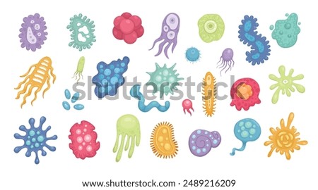 Cartoon bacteria mascot. Virus character, bacterias with funny faces. Color microbes and disease viruses isolated vector illustration set. Monster creature organism, bacteria and microbe