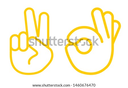 Hand Thumb Up icon flat lines. Vector yellow sign symbol. and Sign of victory. The gesture of the hand. Two fingers raised up. Illustration isolated on white background.