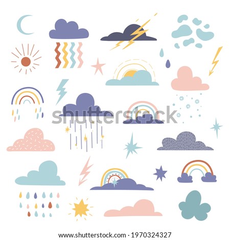 A set of celestial elements - clouds, rainbows, stars, sun. Kids vector Illustration