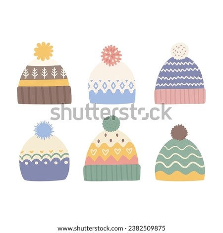 Hats with colored patterns and pompoms