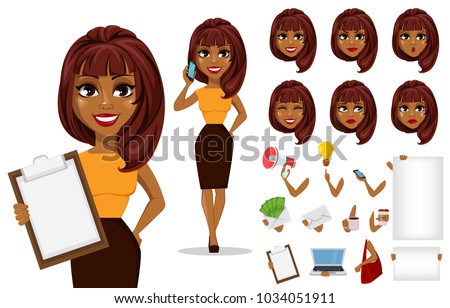 Pack of body parts and emotions. African American business woman cartoon character creation set. Young beautiful businesswoman in smart casual clothes. Stock vector