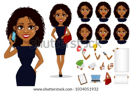 Pack of body parts and emotions. African American business woman cartoon character creation set. Young beautiful businesswoman with dark hair in smart casual clothes. Stock vector