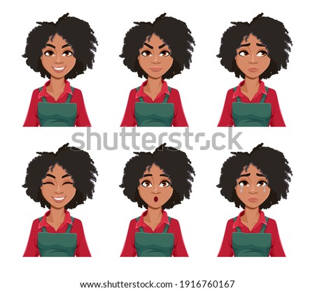 Face expressions of beautiful African American woman gardener. Set of different female emotions. Cute lady farmer cartoon character. Vector illustration isolated on white background.