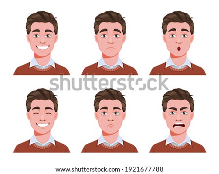 Face expressions of handsome man. Different male emotions set. Young guy cartoon character. Stock vector illustration