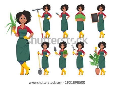 Stock vector young African American gardener woman, set of nine poses. Beautiful lady farmer cartoon character