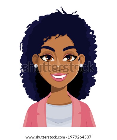 Face expression of beautiful African American woman, cheerful. Female emotion. Cute cartoon character in flat style. Usable for avatar, emoticon etc. Vector illustration