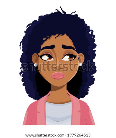 Face expression of beautiful African American woman, disappointed. Female emotion. Cute cartoon character in flat style. Usable for avatar, emoticon etc. Vector illustration