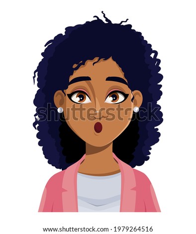 Face expression of beautiful African American woman, surprised. Female emotion. Cute cartoon character in flat style. Usable for avatar, emoticon etc. Vector illustration