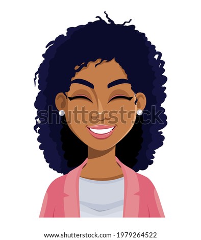 Face expression of beautiful African American woman, laughing. Female emotion. Cute cartoon character in flat style. Usable for avatar, emoticon etc. Vector illustration