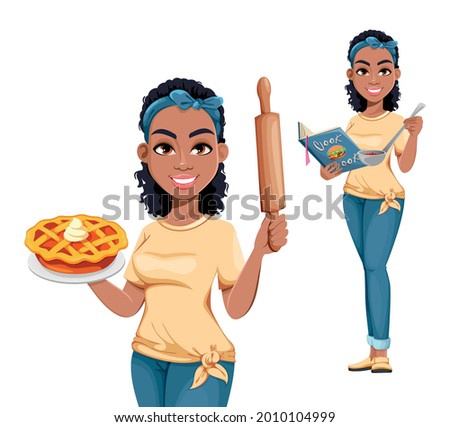 Pretty African American housewife, set of two poses. Cute lady cartoon character doing domestic work. Stock vector illustration on white background