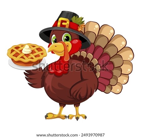 Thanksgiving greeting card with a turkey bird wearing a Pilgrim hat and holding pumpkin pie