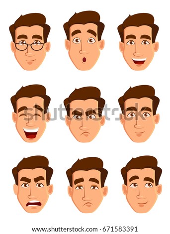 Face expressions of a man. Different male emotions set. Attractive cartoon character. Vector illustration isolated on white background.