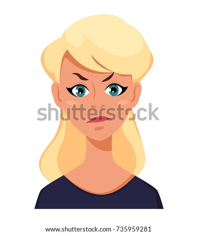 Face expression of a blonde woman - dissatisfied, angry. Female emotions. Attractive cartoon character. Vector illustration isolated on white background.