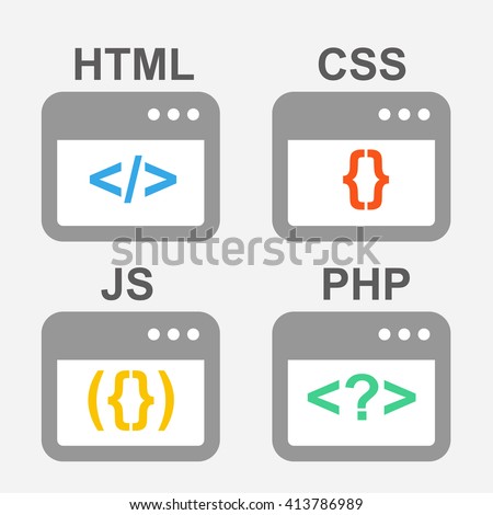 Web design, coding and programming flat vector icons set: PHP, HTML, CSS, JS, javascript.