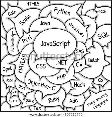 Speech bubbles with names of programming languages: JavaScript, .NET, CSS, PHP, HTML5, Scala, Python, Pascal, Java, Visual Basic, ActionScript, Perl, SQL,Jade, Objective-C, Go, Hack, Ruby, C+, C++, C#