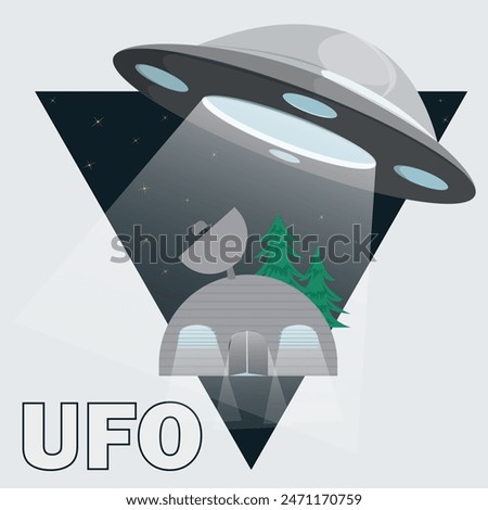 Flat illustration, UFO flying saucer hovering over a hangar with a radio telescope on the roof, background in the form of a triangle